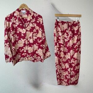 August Silk Pajama Set Womens S Red Floral 100% Silk Jacquard Luxury Romantic